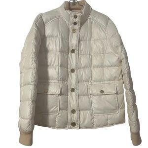 Tory Burch Quilted Puffer Jacket Large Snap Button in Cream Sz L Slim Fit Chic